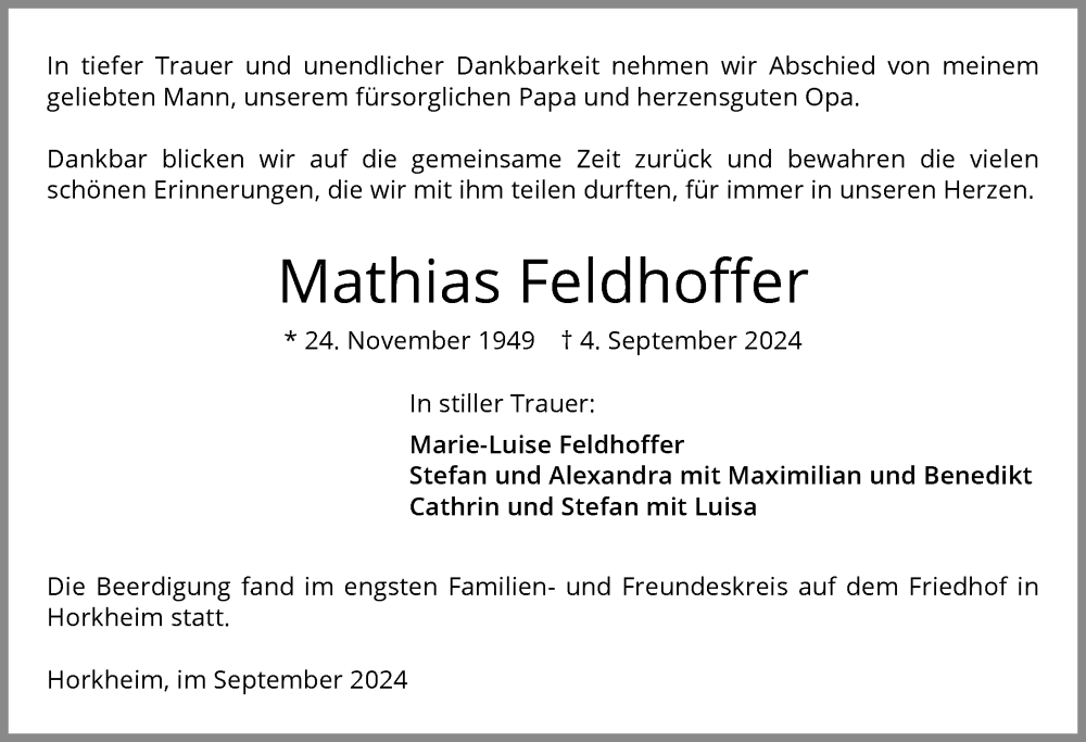  Traueranzeige für Mathias Feldhoffer vom 14.09.2024 aus GESAMT