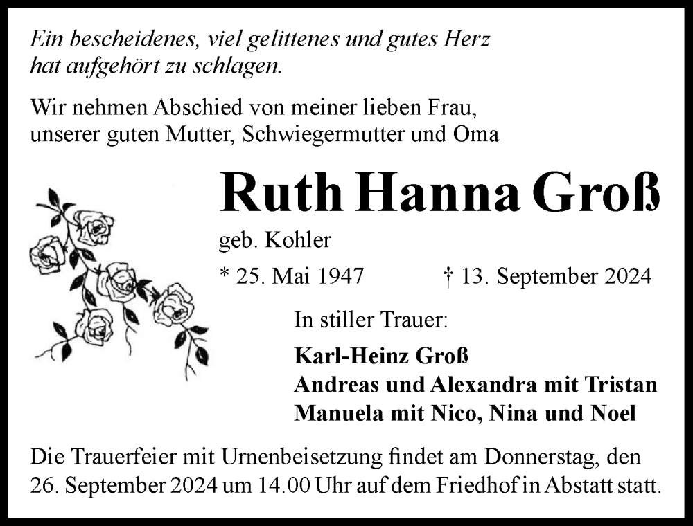  Traueranzeige für Ruth Hanna Groß vom 21.09.2024 aus GESAMT