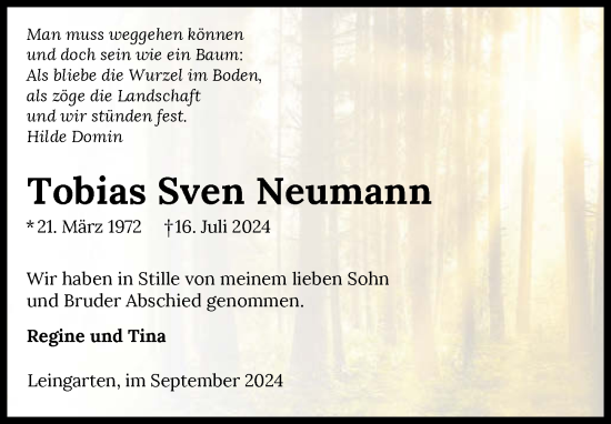 Traueranzeige von Tobias Sven Neumann von GESAMT