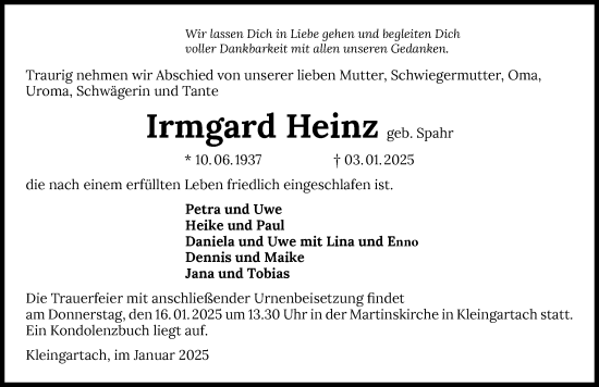 Traueranzeige von Irmgard Heinz von GESAMT