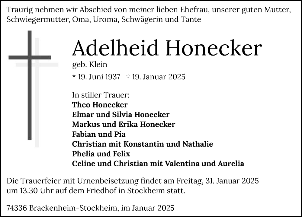  Traueranzeige für Adelheid Honecker vom 25.01.2025 aus GESAMT