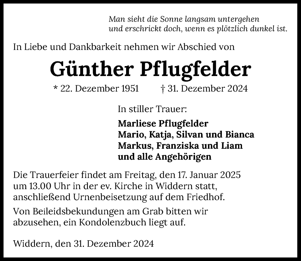  Traueranzeige für Günther Pflugfelder vom 15.01.2025 aus GESAMT