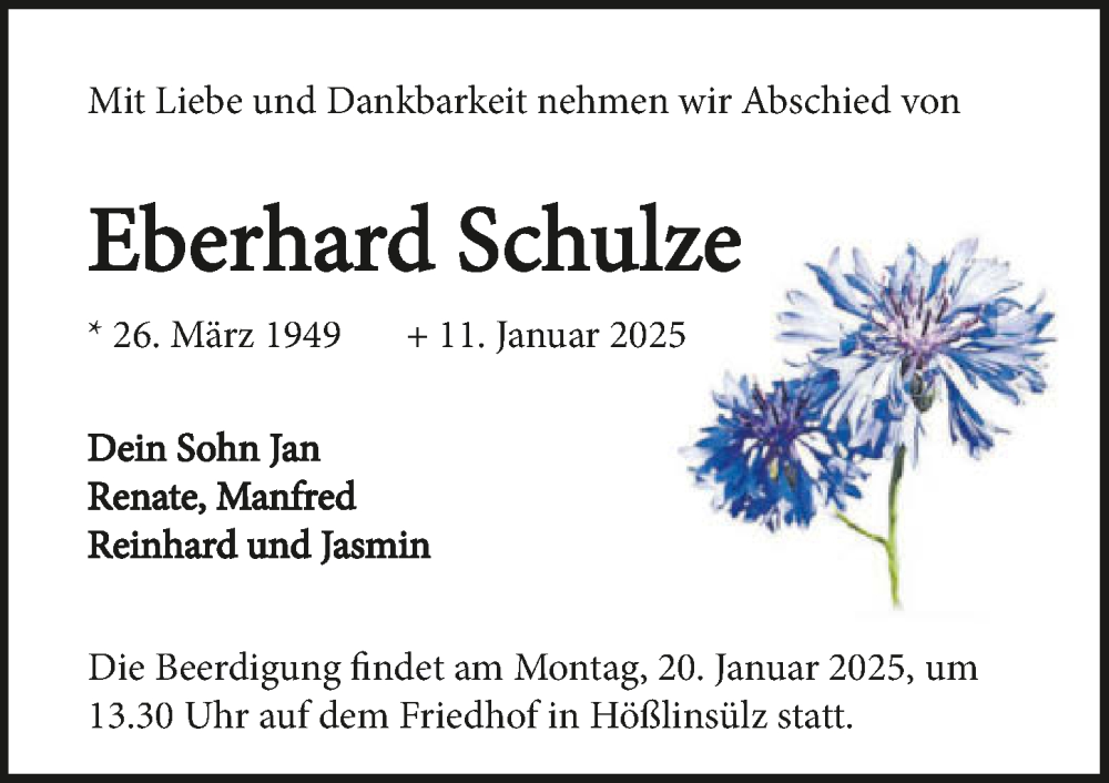  Traueranzeige für Eberhard Schulze vom 15.01.2025 aus GESAMT