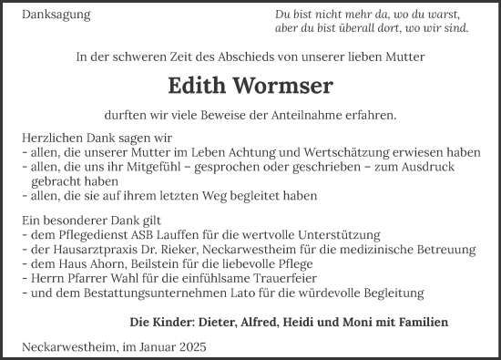 Traueranzeige von Edith Wormser von GESAMT