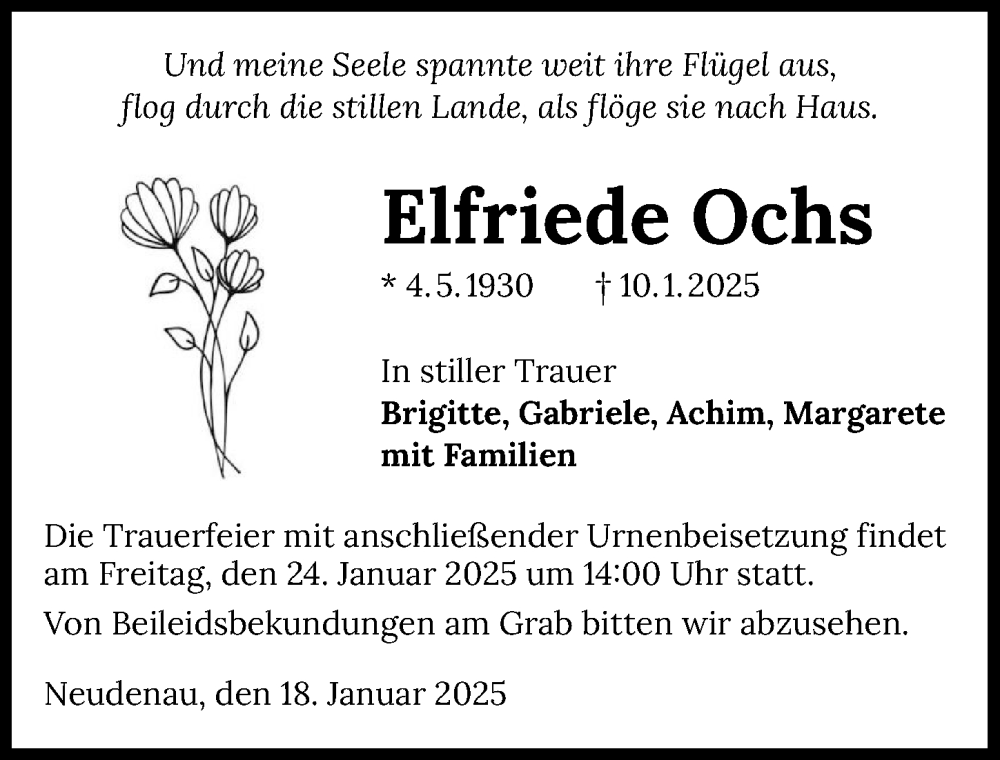  Traueranzeige für Elfriede Ochs vom 18.01.2025 aus GESAMT