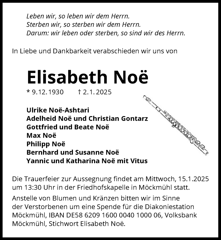  Traueranzeige für Elisabeth Noe vom 11.01.2025 aus GESAMT