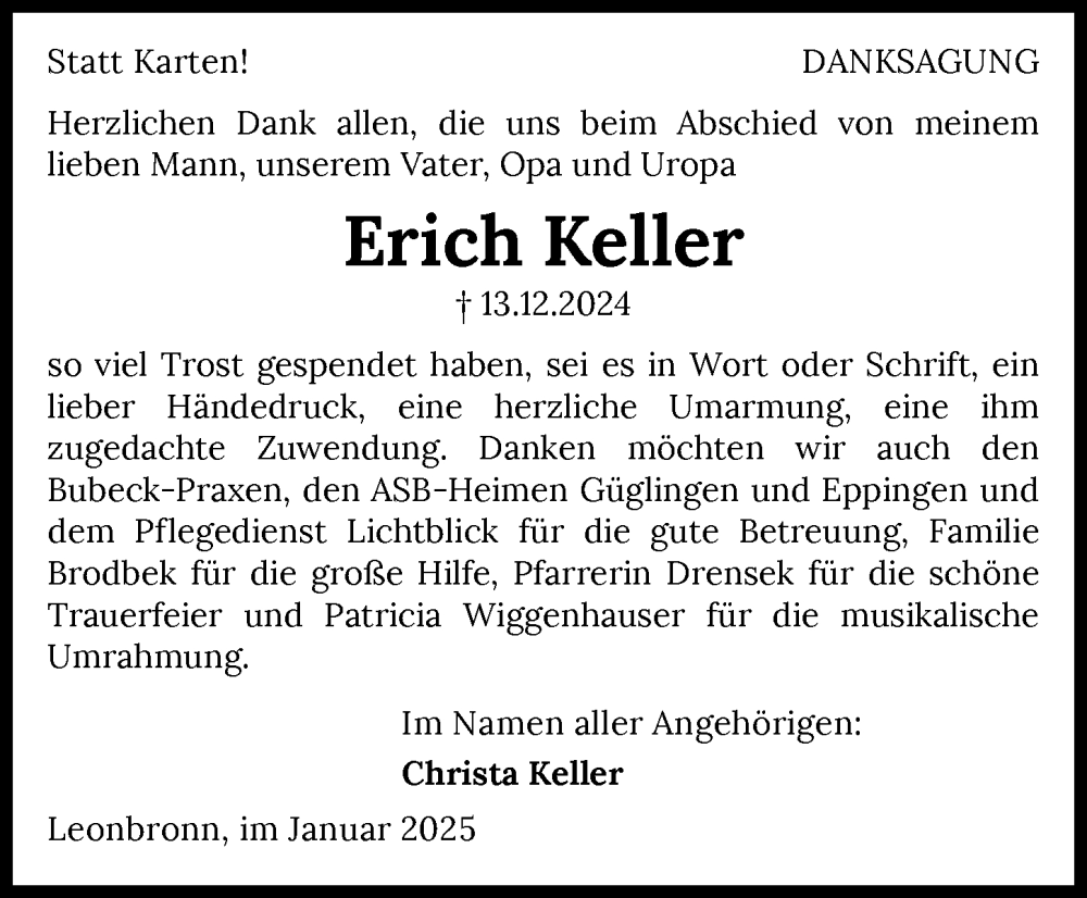  Traueranzeige für Erich Keller vom 17.01.2025 aus GESAMT