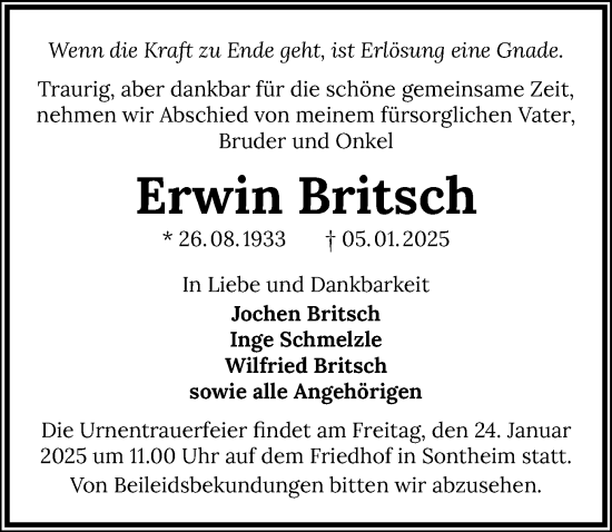 Traueranzeige von Erwin Britsch von GESAMT