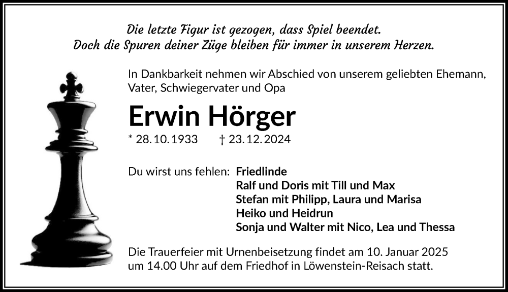  Traueranzeige für Erwin Höger vom 04.01.2025 aus GESAMT