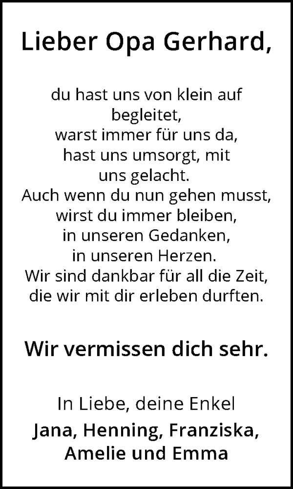  Traueranzeige für Gerhard Schmitt vom 04.01.2025 aus GESAMT