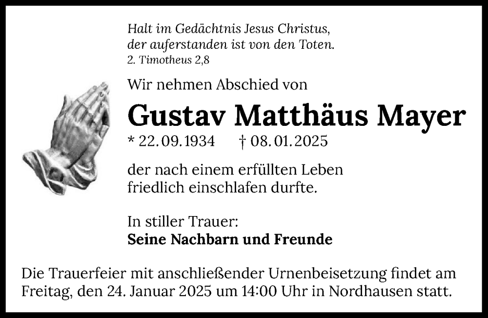  Traueranzeige für Gustav Matthäus Mayer vom 18.01.2025 aus GESAMT