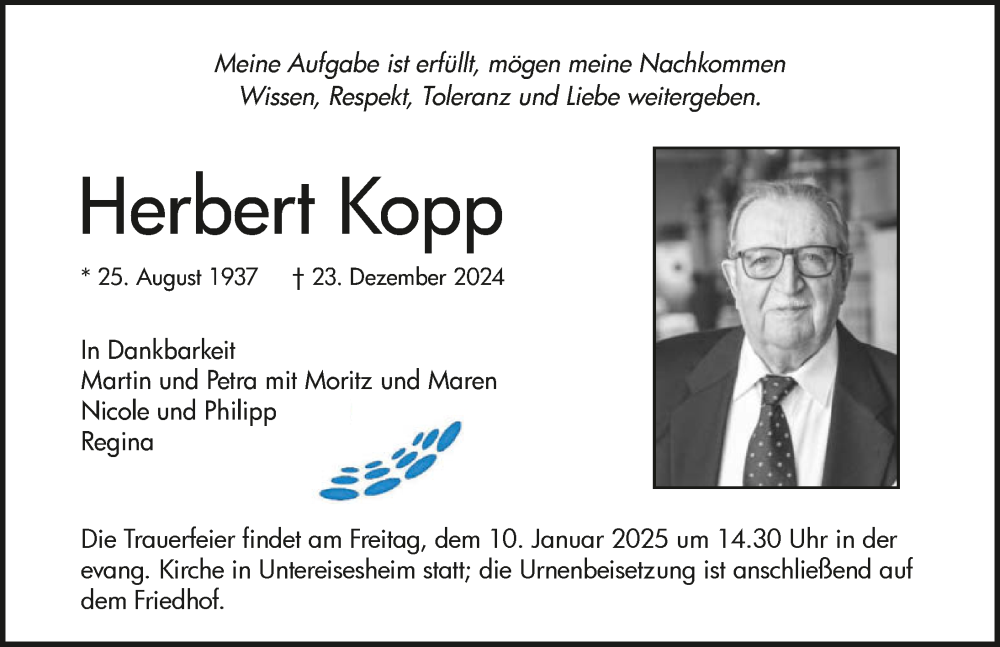  Traueranzeige für Herbert Kopp vom 04.01.2025 aus GESAMT