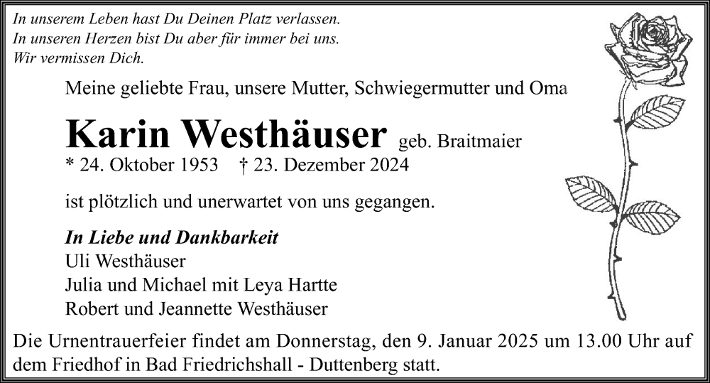  Traueranzeige für Karin Westhäuser vom 04.01.2025 aus GESAMT
