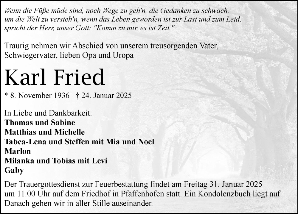  Traueranzeige für Karl Fried vom 28.01.2025 aus GESAMT