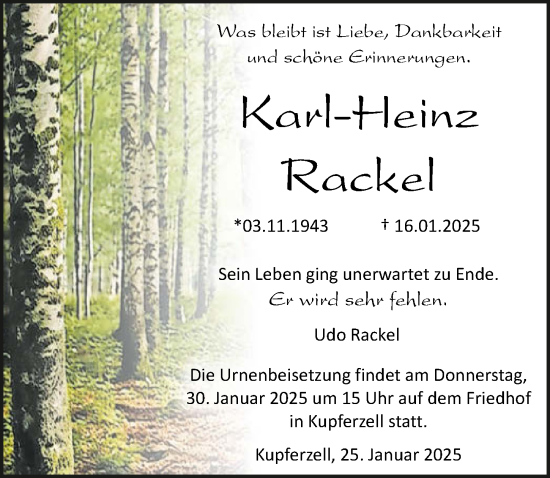 Traueranzeige von Karl-Heinz Rackel von GESAMT