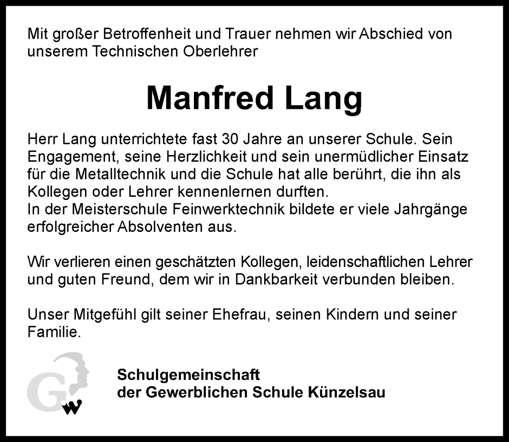  Traueranzeige für Manfred Manni Lang vom 15.01.2025 aus GESAMT