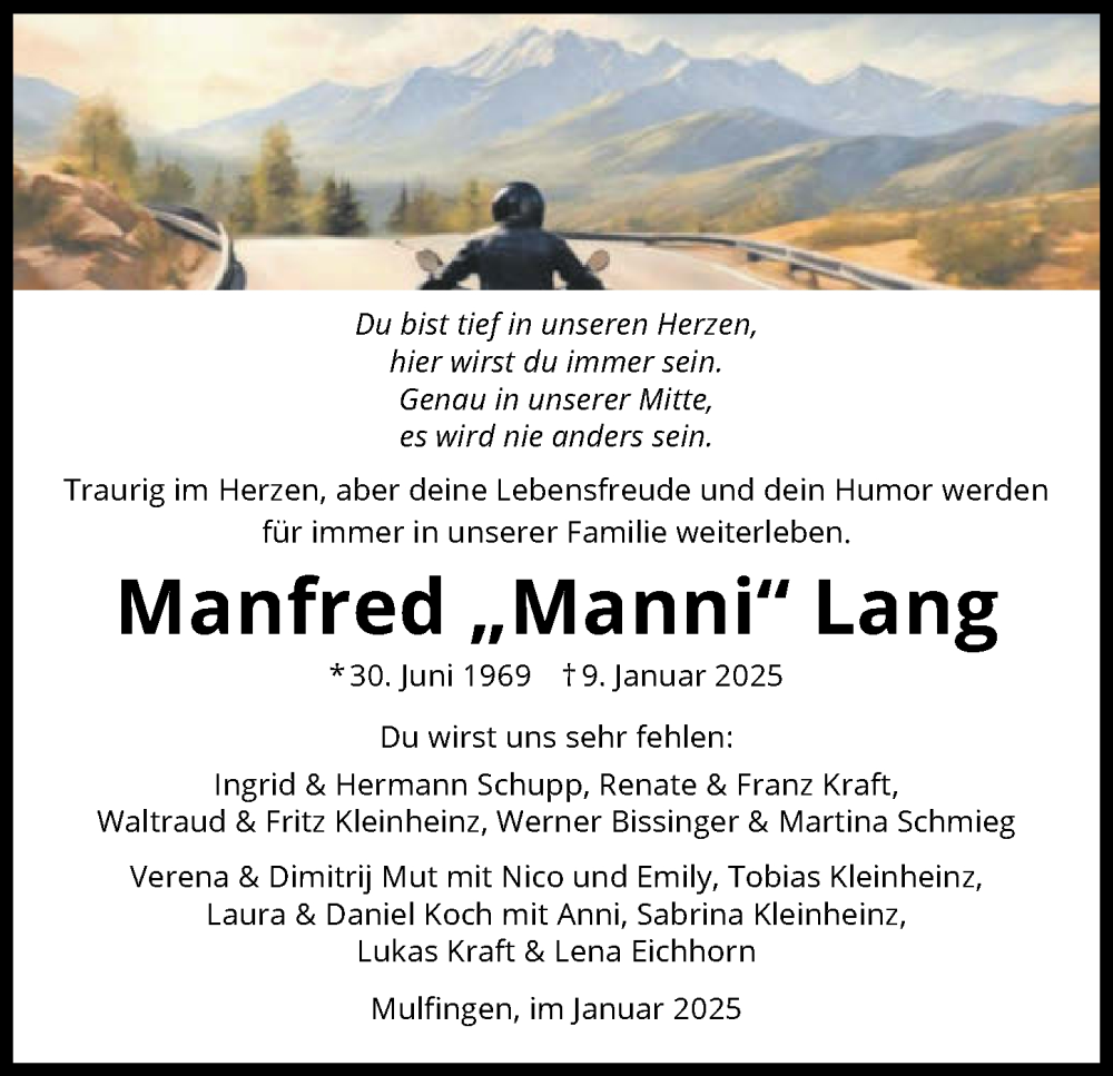  Traueranzeige für Manfred Manni Lang vom 15.01.2025 aus GESAMT