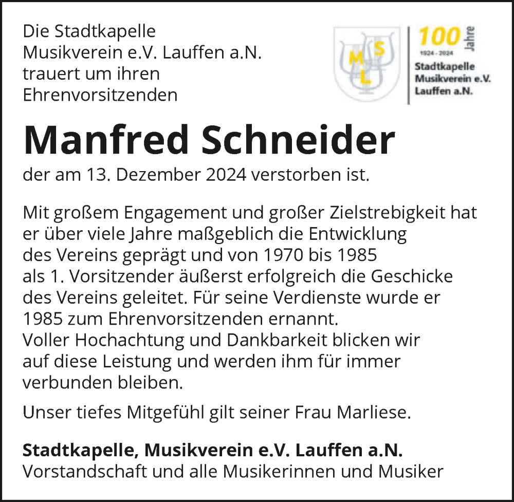  Traueranzeige für Manfred Schneider vom 08.01.2025 aus GESAMT