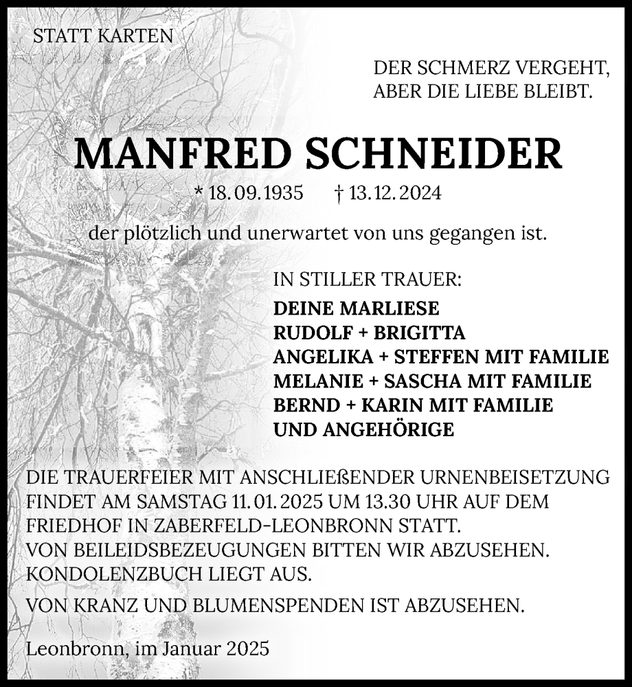  Traueranzeige für Manfred Schneider vom 08.01.2025 aus GESAMT