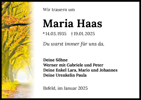 Traueranzeige von Maria Haas von GESAMT
