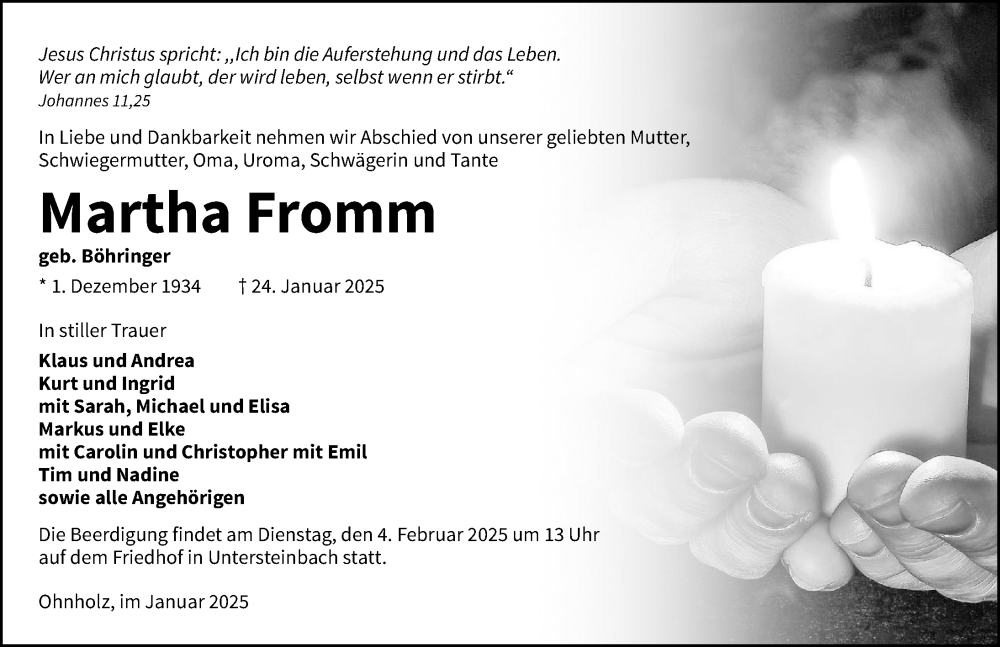  Traueranzeige für Martha Fromm vom 29.01.2025 aus GESAMT