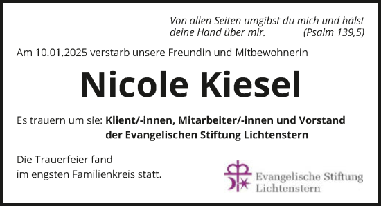 Traueranzeige von Nicole Kiesel von GESAMT