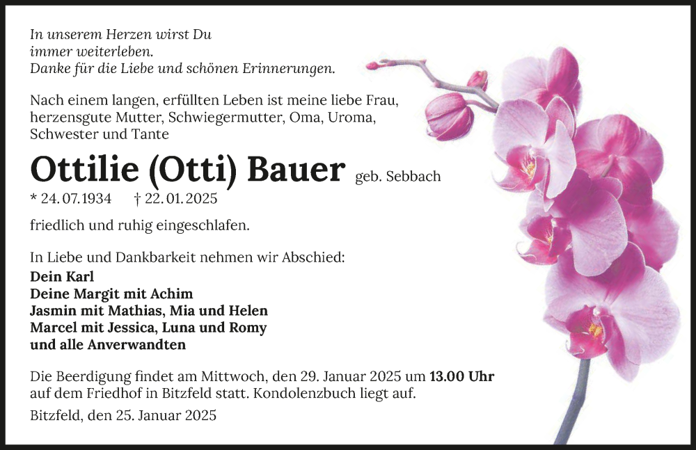  Traueranzeige für Ottilie Bauer vom 25.01.2025 aus GESAMT