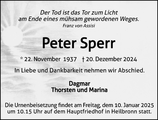 Traueranzeige von Peter Sperr von GESAMT