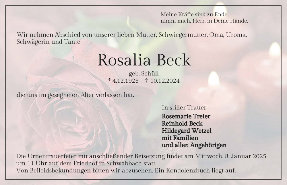 Traueranzeige für Rosalia Beck vom 04.01.2025 aus GESAMT