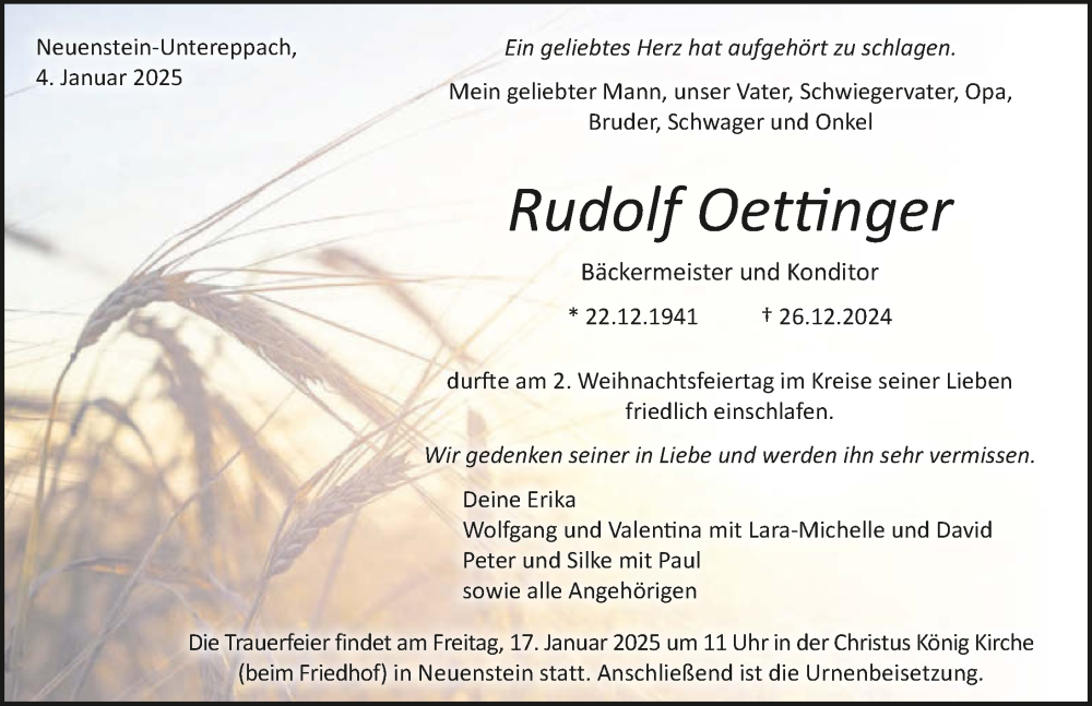  Traueranzeige für Rudolf Oettinger vom 04.01.2025 aus GESAMT