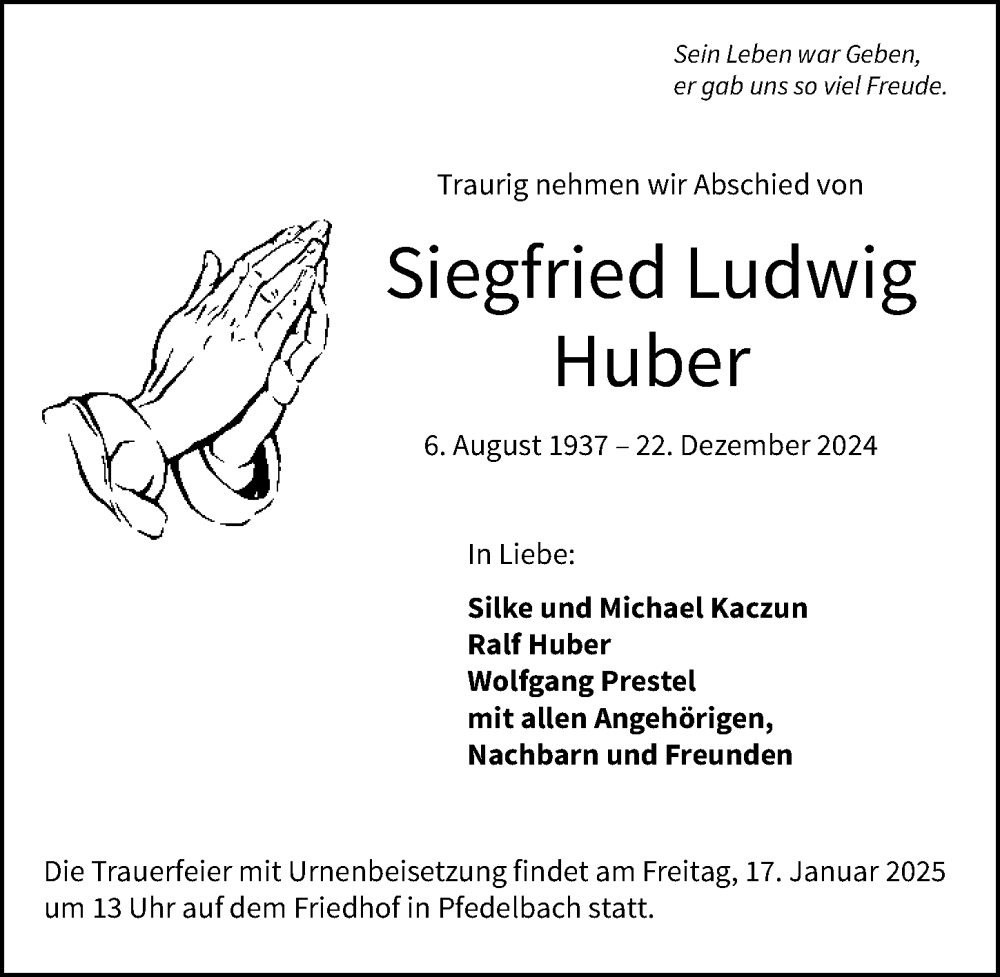  Traueranzeige für Siegfried Ludwig Huber vom 13.01.2025 aus GESAMT