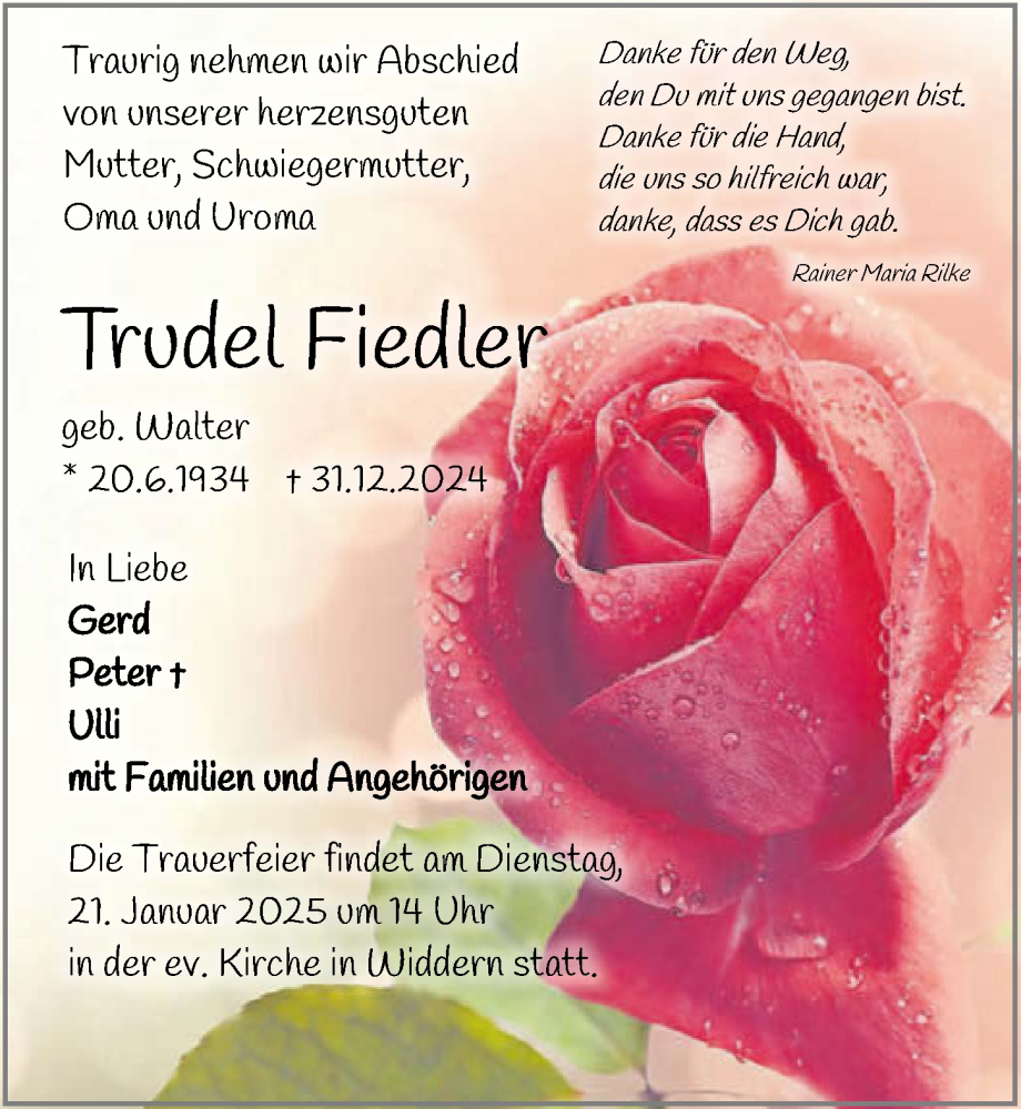  Traueranzeige für Trudel Fiedler vom 18.01.2025 aus GESAMT