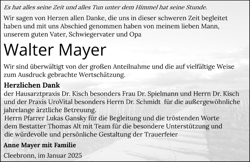  Traueranzeige für Walter Mayer vom 18.01.2025 aus GESAMT