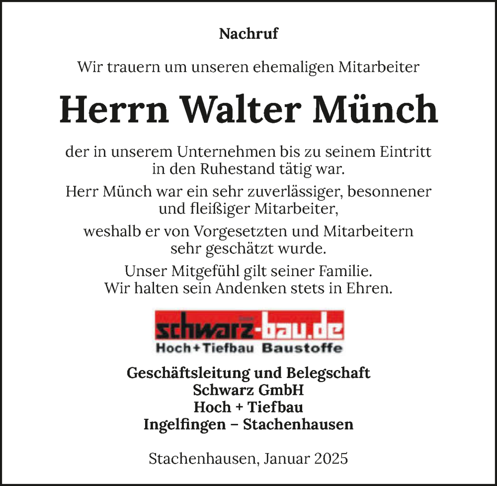  Traueranzeige für Walter Münch vom 18.01.2025 aus GESAMT
