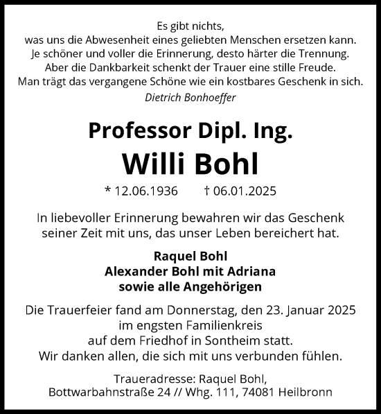 Traueranzeige von Willi Bohl von GESAMT