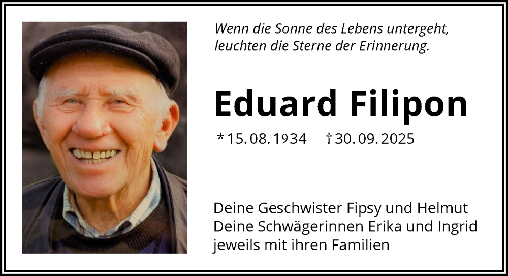  Traueranzeige für Eduard Filipon vom 04.10.2025 aus GESAMT