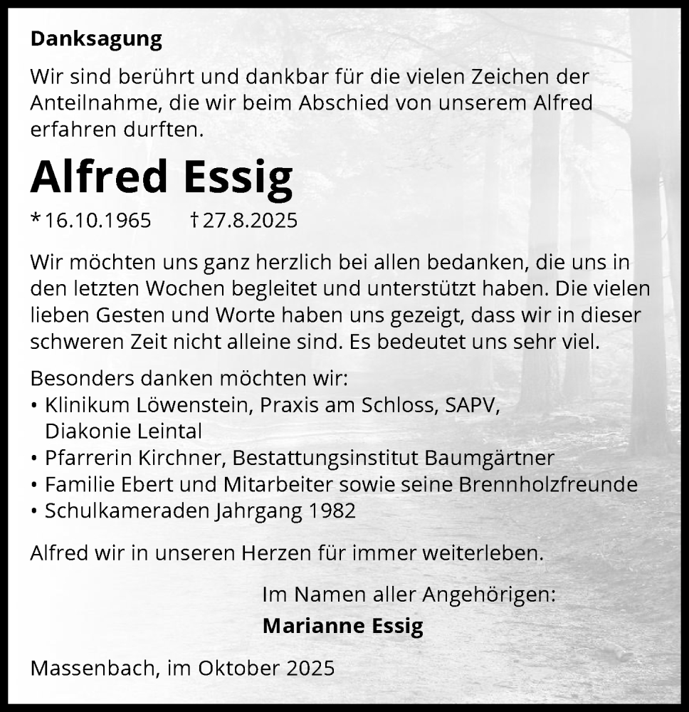  Traueranzeige für Alfred Essig vom 11.10.2025 aus GESAMT