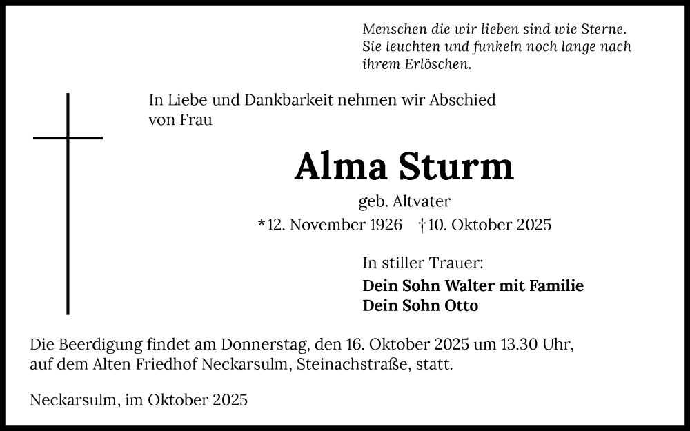  Traueranzeige für Alma Sturm vom 15.10.2025 aus GESAMT