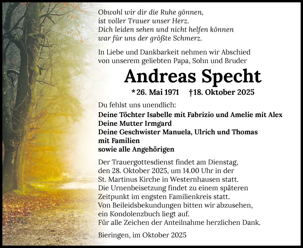  Traueranzeige für Andreas Specht vom 25.10.2025 aus GESAMT