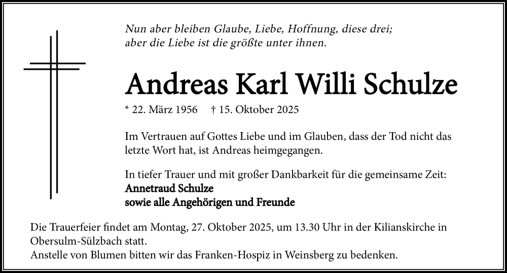 Traueranzeige für Andreas Karl Willi Schulze vom 22.10.2025 aus GESAMT