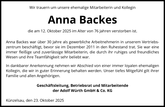 Traueranzeige von Anna Backes von GESAMT