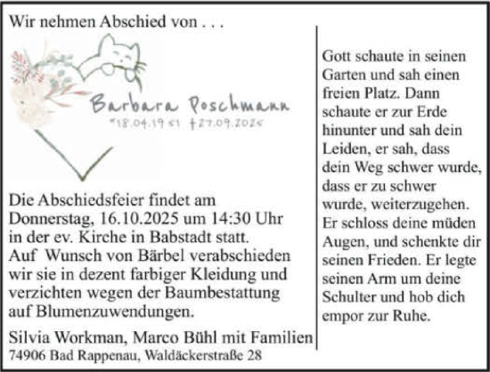 Traueranzeige von Barbara Poschmann von GESAMT