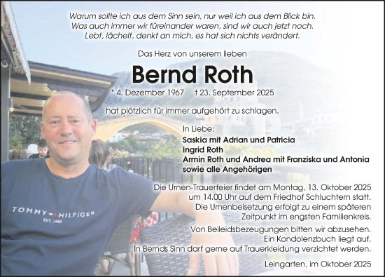Traueranzeige von Bernd Roth von GESAMT