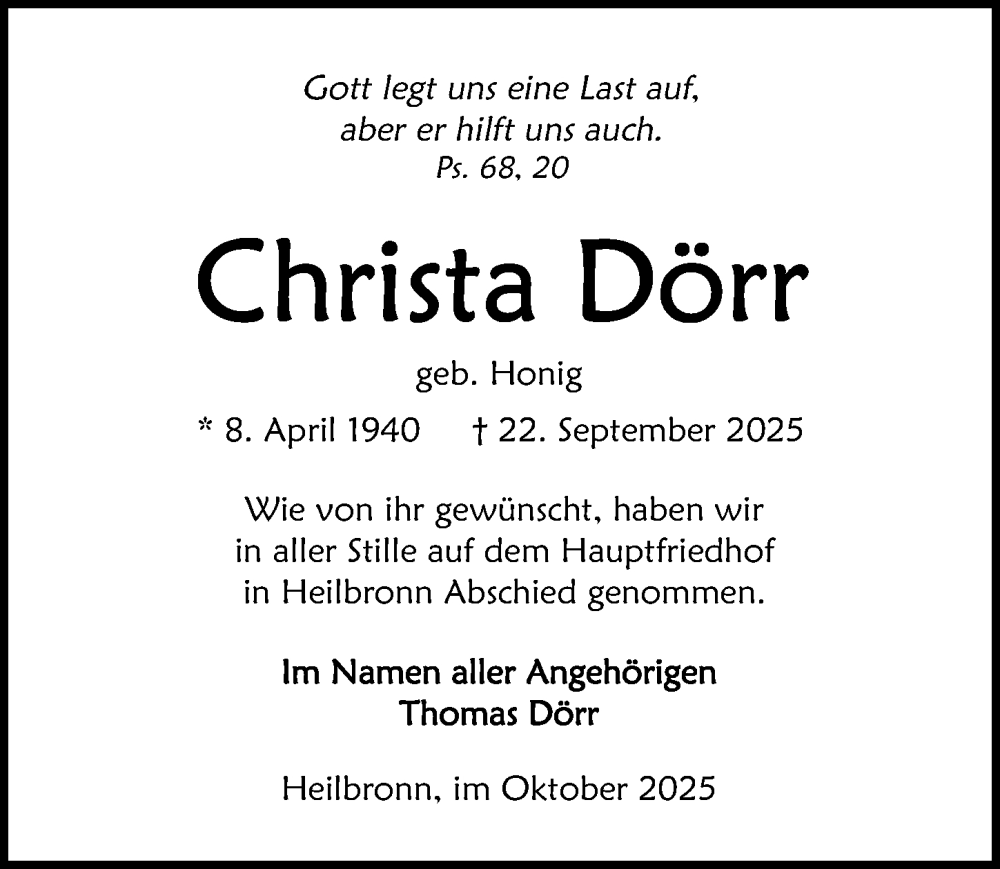  Traueranzeige für Christa Dörr vom 11.10.2025 aus GESAMT