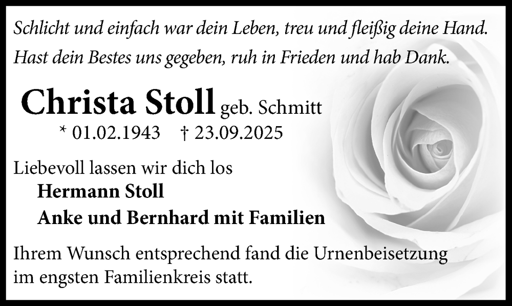  Traueranzeige für Christa Stoll vom 25.10.2025 aus GESAMT