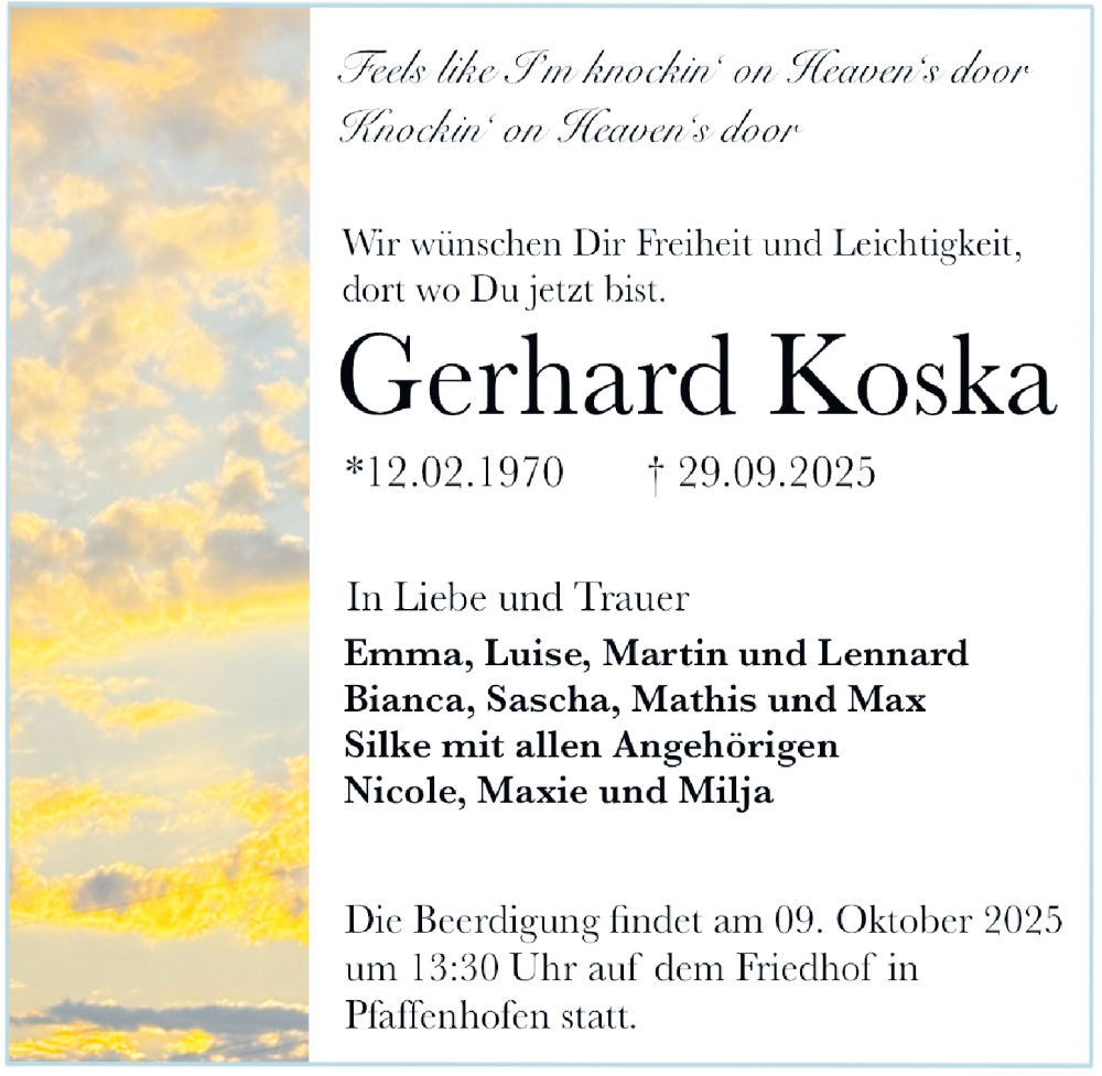  Traueranzeige für Gerhard Koska vom 04.10.2025 aus GESAMT