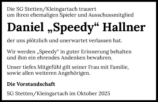 Traueranzeige von Daniel Hallner von GESAMT