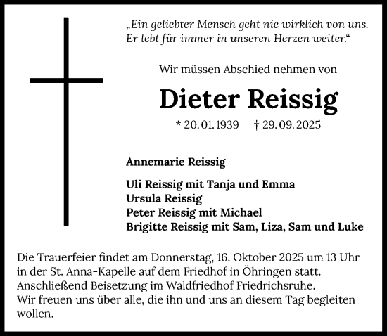 Traueranzeige von Dieter Reissig von GESAMT