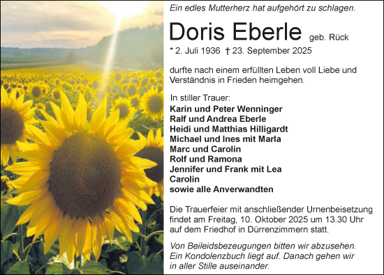 Traueranzeige von Doris Eberle von GESAMT