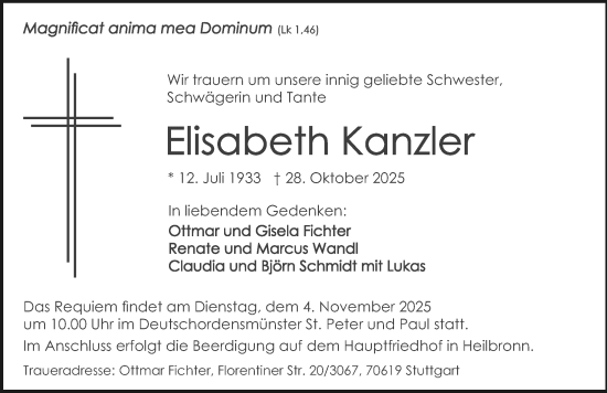 Traueranzeige von Elisabeth Kanzler von GESAMT